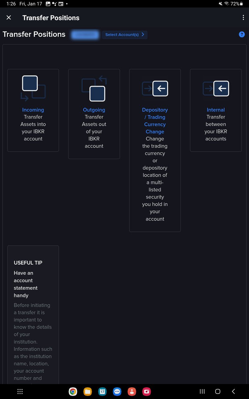 The transfer positions page on the Android Tablet